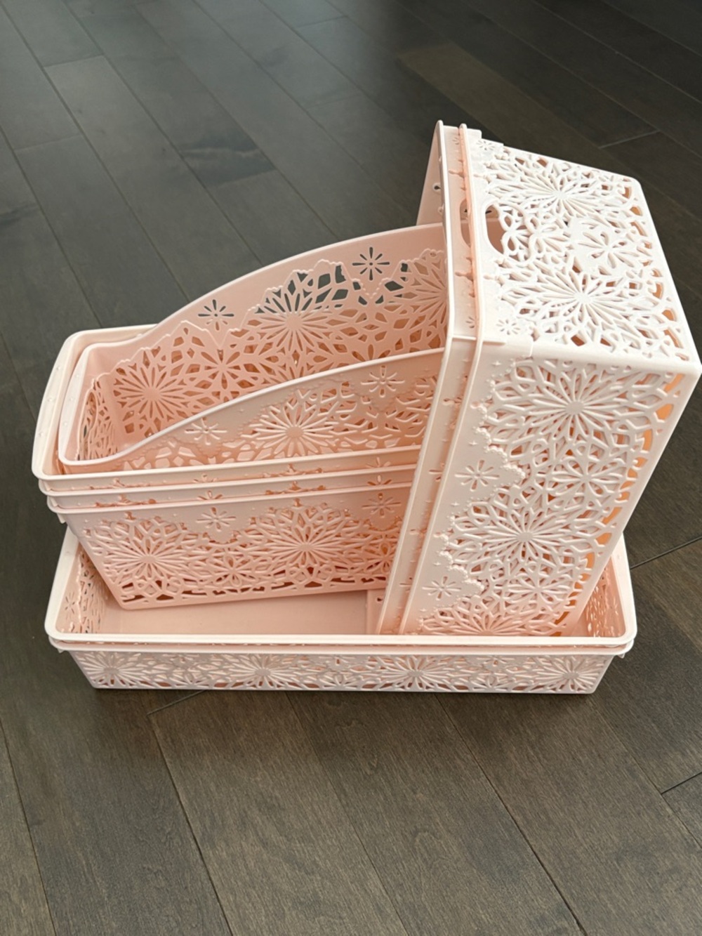 Pink Storage Basket Set, Lace Detail Plastic Tote Organization Home Decor Pastel